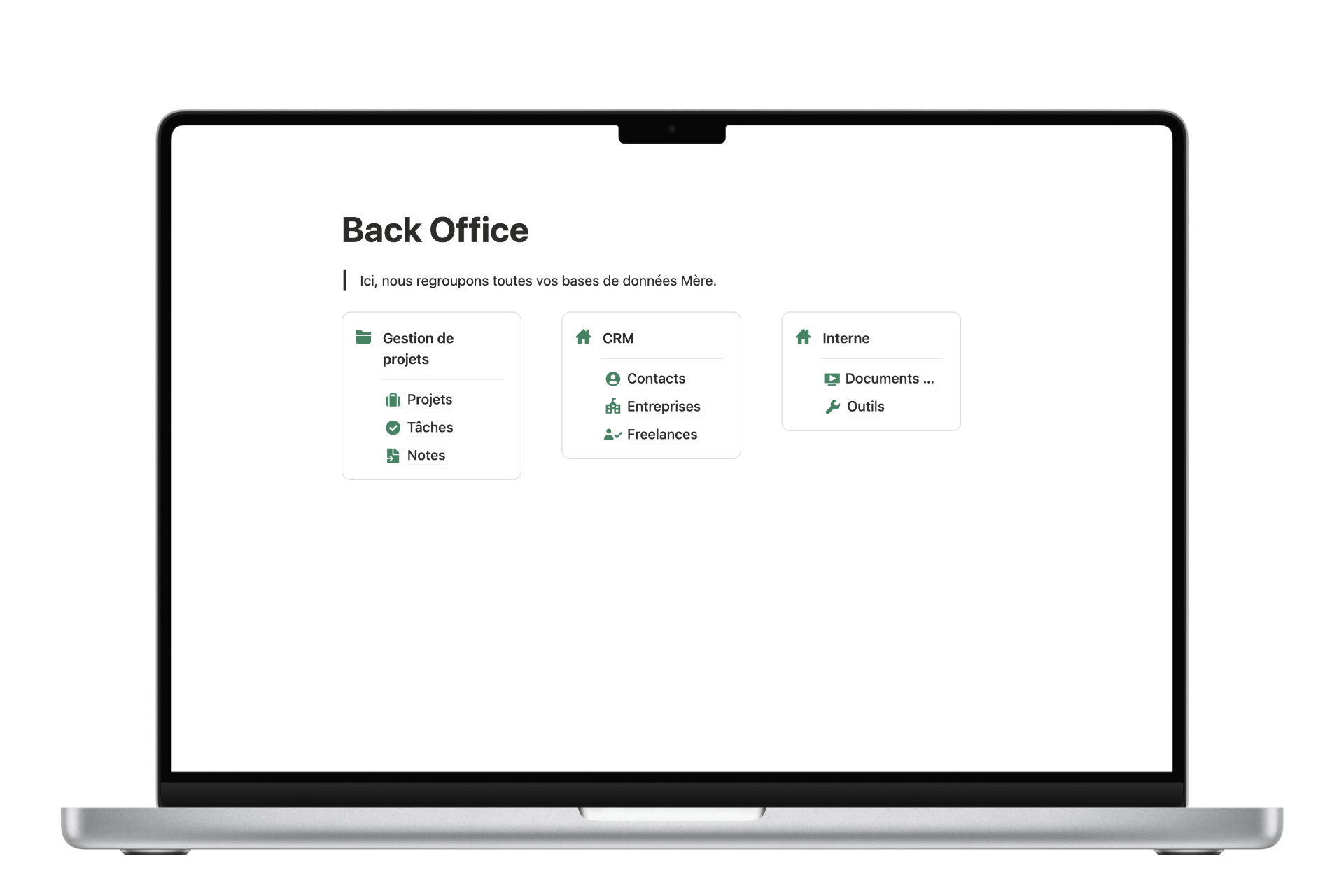 Exemple d'espace Notion Back Office structuré