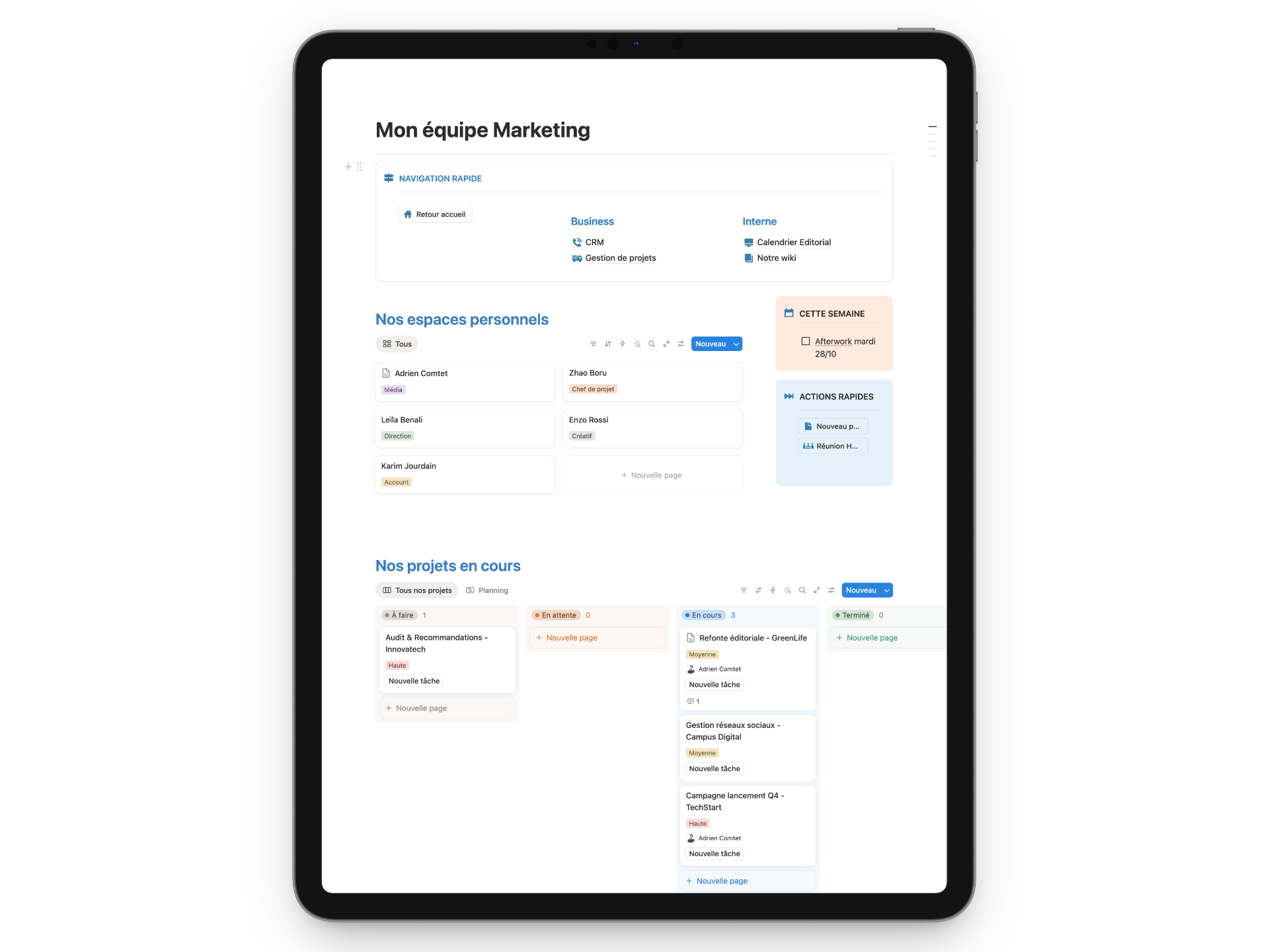 Espace Notion pour équipe marketing